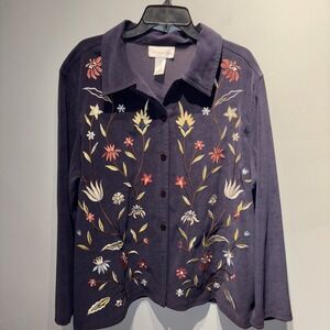 SUSAN GRAVER STYLE Shacket Jacket Shirt Navy Embroidered Floral Velour Artsy XL